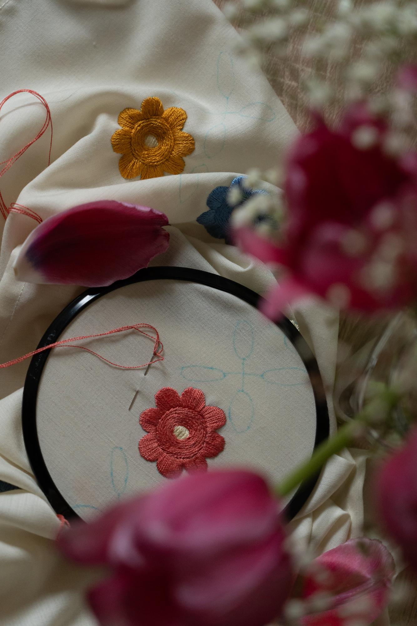 broderie detaliu pe pânză naturală